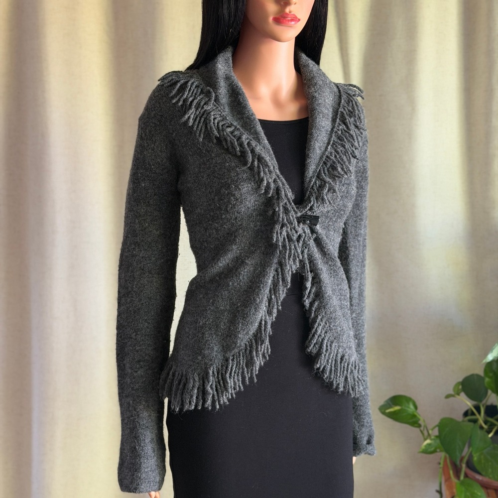 Marisa Christina Grey Wool Blend Fringe Shawl Collar Toggle Cardigan Sweater M